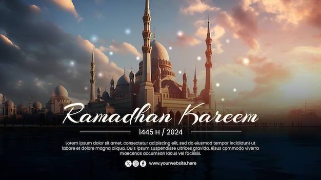 PSD template di saluti di ramadan kareem con uno sfondo di moschea