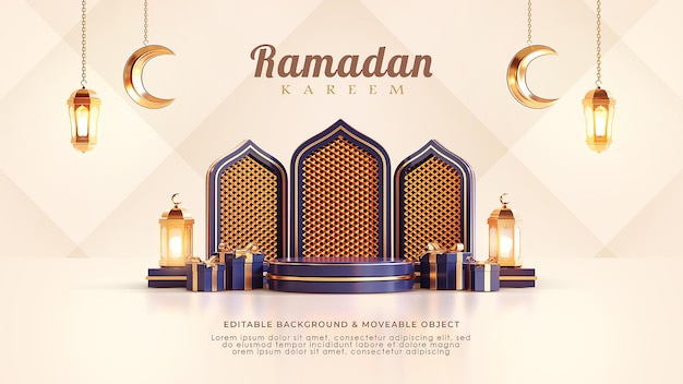 PSD ramadan kareem groet achtergrond 3d podium islamitische arabische lantaarn halve maan blauw marine