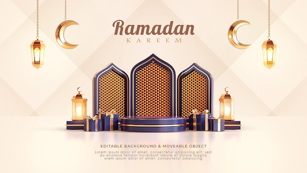 Ramadan kareem groet achtergrond 3d podium islamitische arabische lantaarn halve maan blauw marine