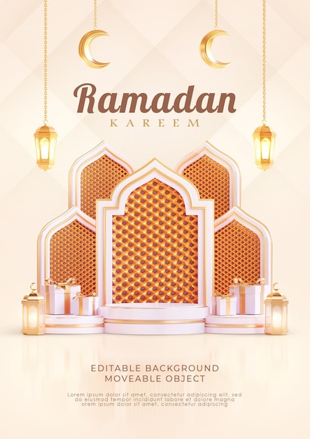 PSD ramadan kareem groet flyer poster 3d podium islamitische arabische lantaarn halve maan wit