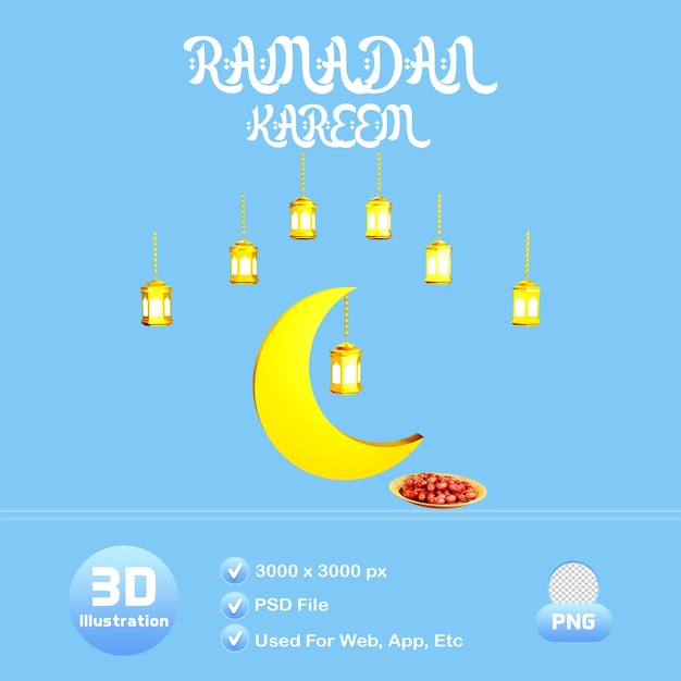 PSD ramadan kareem-groet met datums maan en lantaarn 3d illustratie