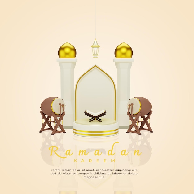 Ramadan kareem groet sjabloon illustratie met 3d traditionele trommel podium lantaarn en koran