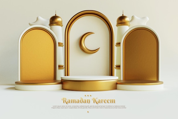 Ramadan kareem groeten achtergrond met decoratieve moskee op het podium realistische 3d islamitisch