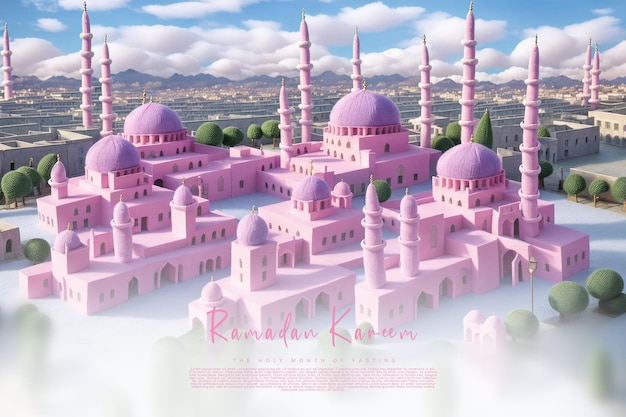 Ramadan Kareem groeten sjabloon met een moskee achtergrond blauwe hemel generatieve ai