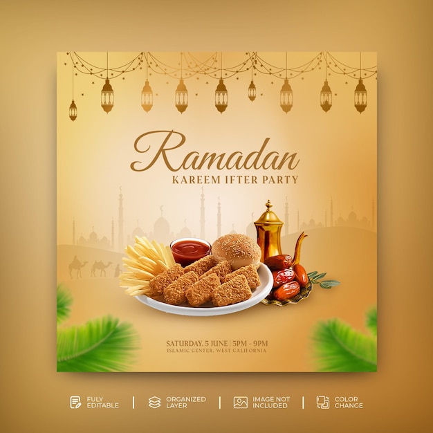 Invito a una festa ramadan kareem iftar modello di post sui social media psd