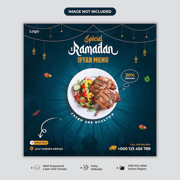 PSD ramadan kareem iftar party restaurant food sale social media post design and web banner template