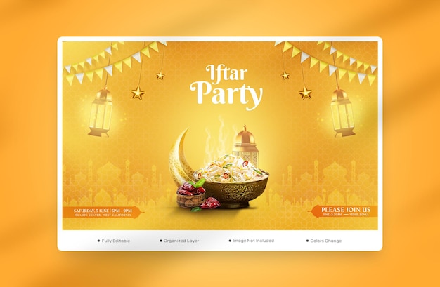 PSD modello di banner web ramadan kareem iftar party con falce di luna dorata e lanterna