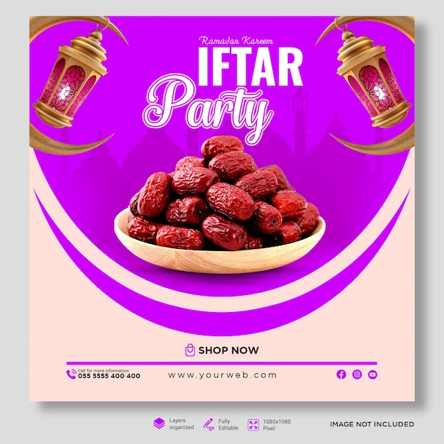 PSD ramadan kareem iftar party with date palm social media post template