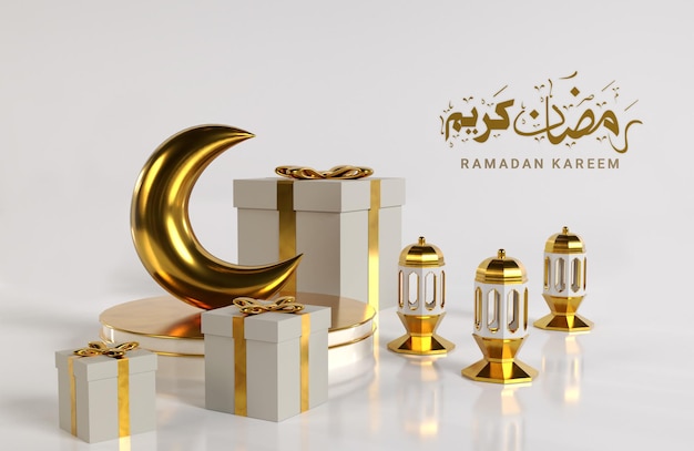 Design islamico ramadan kareem con scatola regalo realistica in 3d con lanterna araba in piedi e luna crescente