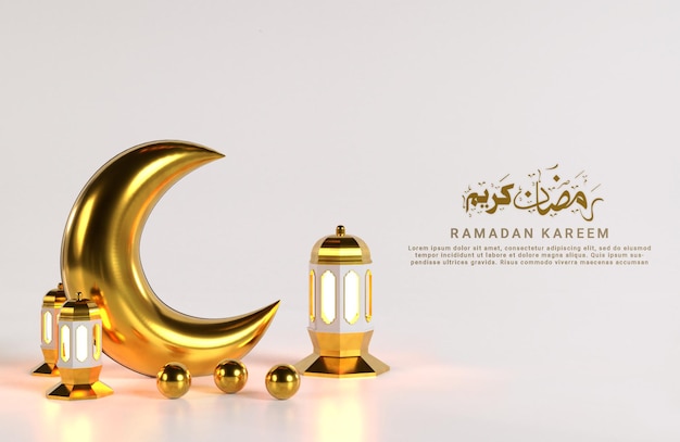 Ramadan kareem islamic design with crescent moon three arabic lanterns realistic 3d with balls