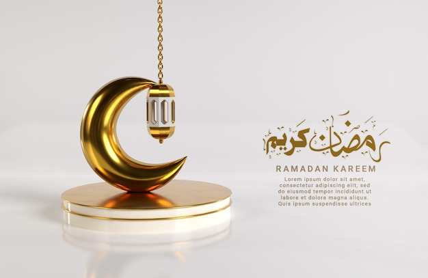 Design islamico ramadan kareem con lanterna araba 3d realistica e luna crescente sul podio