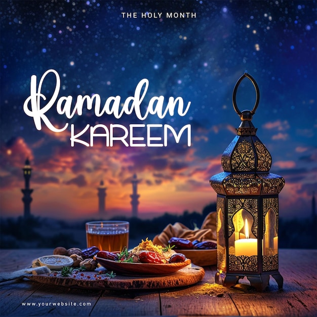 Ramadan Kareem Islamic festival banner design template with traditional lamps and iftar items