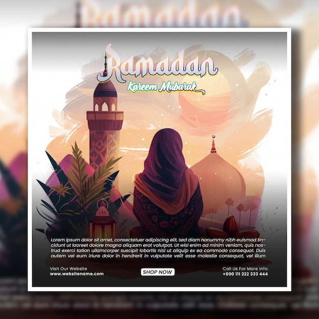 PSD banner di social media dell'illustrazione del fumetto del festival islamico di ramadan kareem o banner quadrato flayer