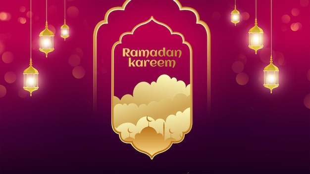 PSD ramadan kareem islamic greeting background golden crescent moon and lanterns background