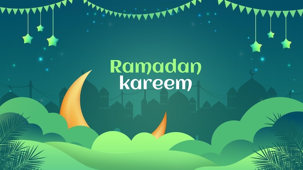 Ramadan kareem islamic greeting background golden crescent moon and lanterns background