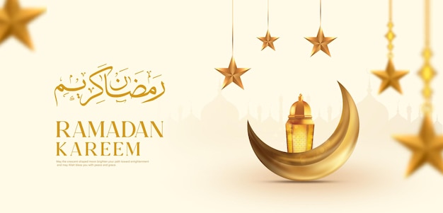 Ramadan kareem islamic greeting background golden crescent moon and lanterns background