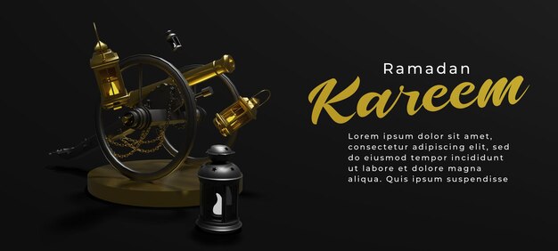 Ramadan kareem islamic greeting background with cannon lantern and arabic calligraphy