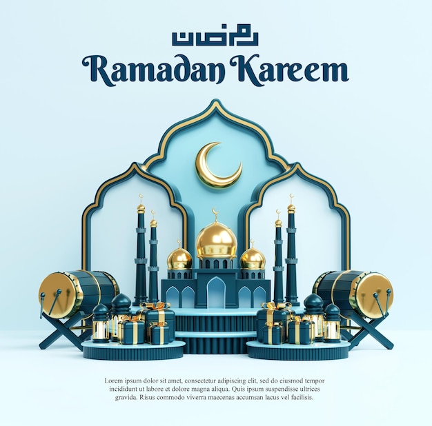 Ramadan kareem islamic greeting background with crescent moon lantern and islamic decoration object ornaments copy text islamic background