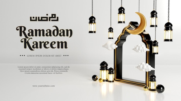 Ramadan kareem islamic greeting background with crescent moon lantern star and arabic pattern and calligraphy