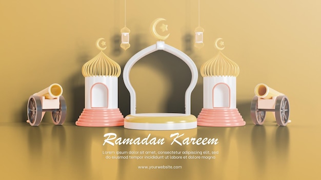 Ramadan kareem islamic greeting background with crescent moon lantern star podium