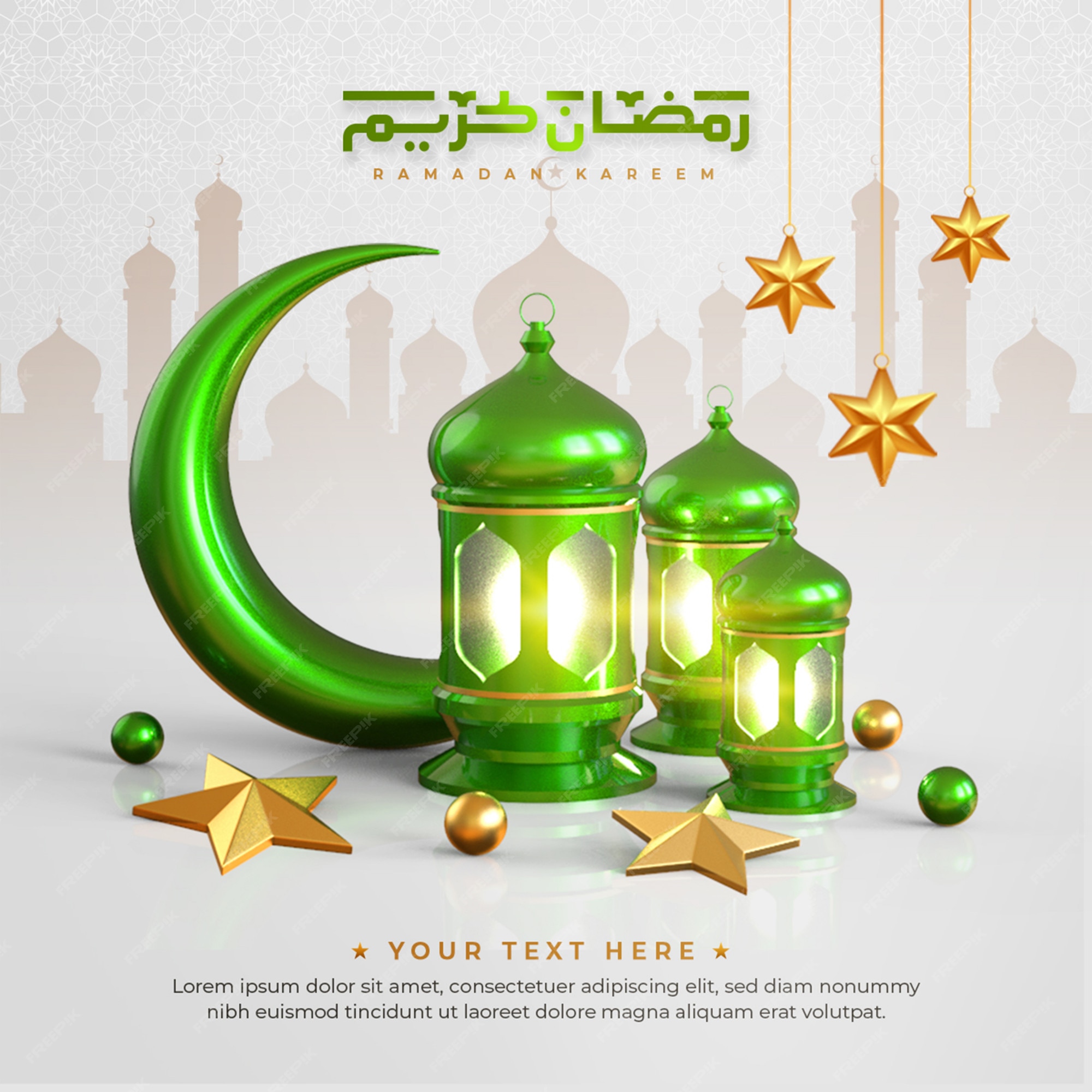 Premium PSD | Ramadan kareem islamic greeting background with green  crescent moon , lantern, star and arabic pattern and calligraphy