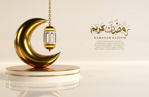 Ramadan kareem islamitisch ontwerp met halve maan realistische 3d hangende arabische lantaarn met podium