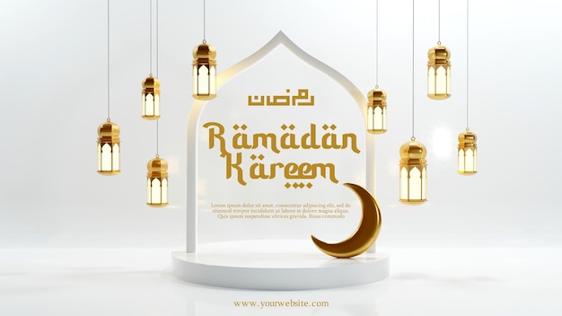 Ramadan kareem islamitische groet achtergrond met wassende maan lantaarn ster en arabisch patroon en kalligrafie
