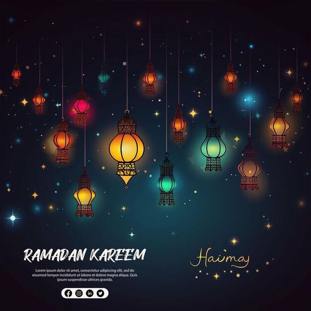 Ramadan kareem islamski meczet z księżycem, gwiazdami, latarniami i chmurami w nocy Eid Mubarak