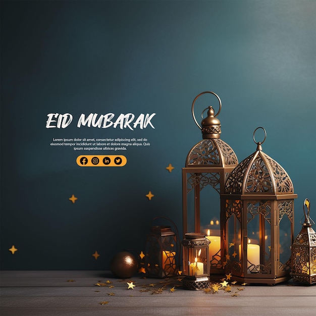 Ramadan kareem islamski meczet z księżycem, gwiazdami, latarniami i chmurami w nocy Eid Mubarak