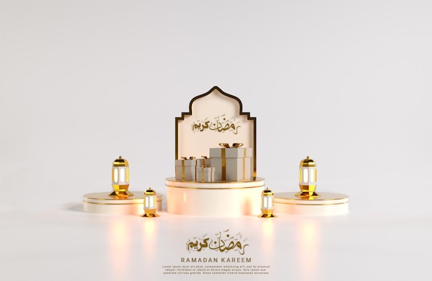 Ramadan Kareem Islamski projekt z czterema realistycznymi trójwymiarowymi stojącymi arabskimi lampionami na podium
