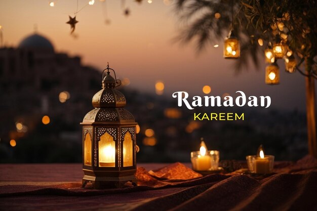 PSD ramadan kareem lamps on bokeh background