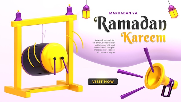 PSD modello di banner della pagina di destinazione del ramadan kareem con bedug 3d psd premium