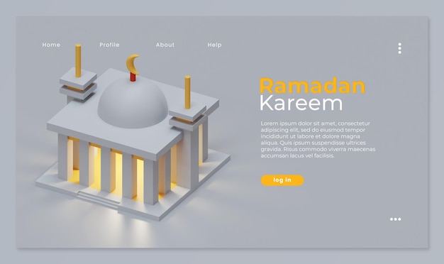 PSD Рамадан карим шаблон целевой страницы с 3d-рендерингом мечети