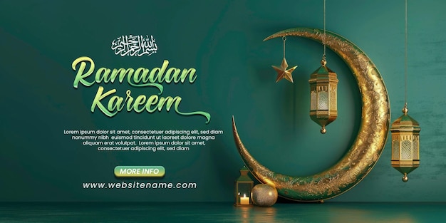 Ramadan kareem lantern and crescent moon in gold color on green background eid greeting template