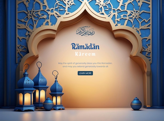 라마단 카림 (ramadan Kareem) 은 푸른 랜턴 장식과 함께 3d 파란색과 황금색 미라브 배경 디자인을 고급스럽게합니다.