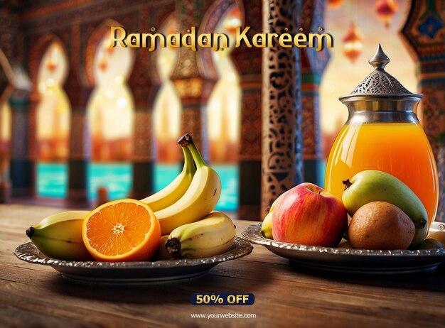 PSD ramadan kareem luxurious colorful mosque ramadan fruits and juice in mosque