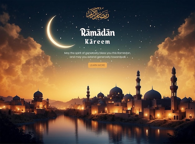 PSD ramadan kareem luxurious crescent moon rising over a tranquil village background