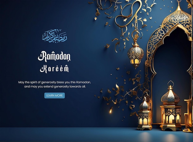 PSD ramadan kareem luxurious dark blue mihrab background design with golden lantern decoration