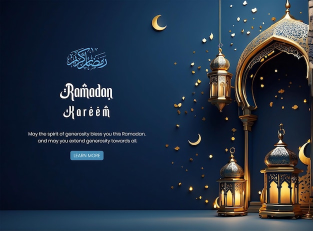 Ramadan kareem luxurious dark blue mihrab background design with golden lantern decoration