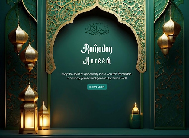 PSD ramadan kareem luxurious dark green mihrab background design with golden lantern decoration