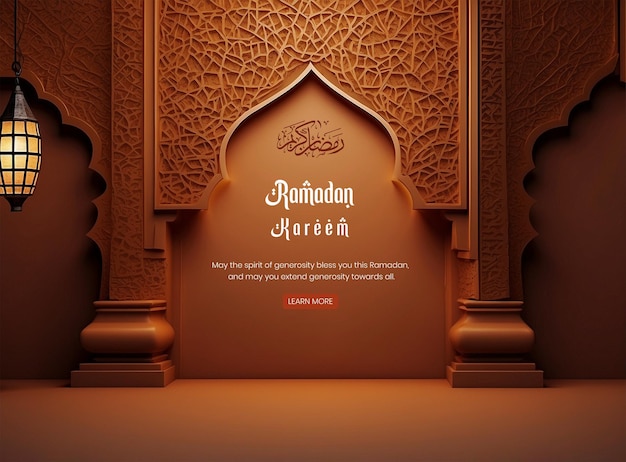 PSD ramadan kareem luxurious dark orange mihrab background design with golden lantern decoration