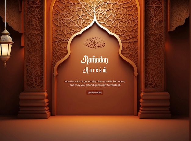 Ramadan kareem luxurious dark orange mihrab background design with golden lantern decoration
