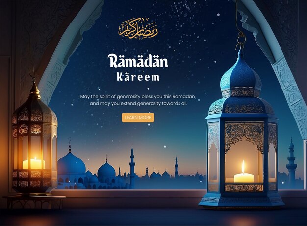 PSD ramadan kareem luxurious mosque with night sky mihrab background design with lantern decoration