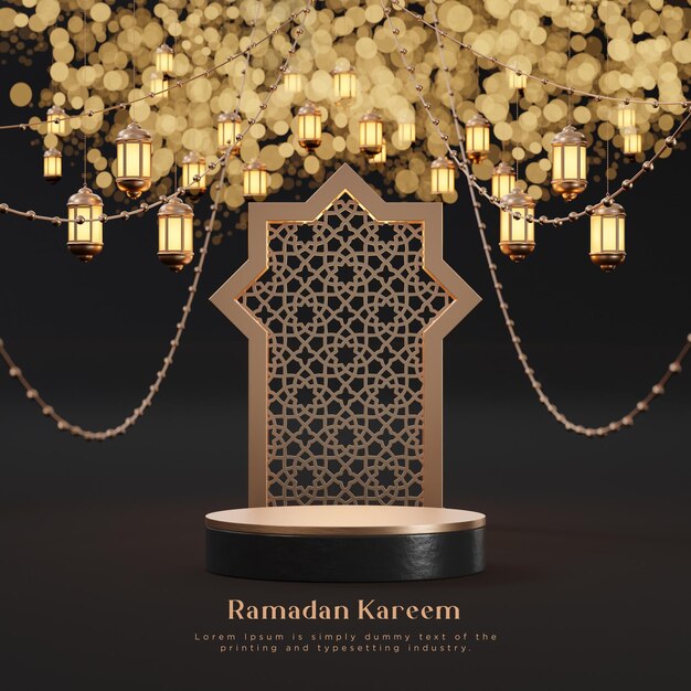 PSD ramadan kareem lusso realistico saluti islamici podio 3d oro nero bokeh sfondo 3d rendering