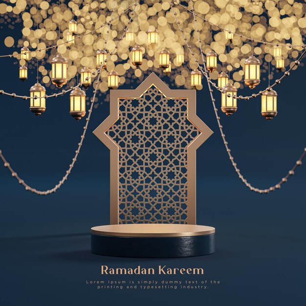 Ramadan kareem luxury realistic islamic greetings podium 3d navy gold bokeh background 3d render