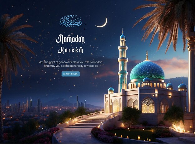 Il minareto della moschea di ramadan kareem splende in mezzo alle luci della città sullo sfondo notturno