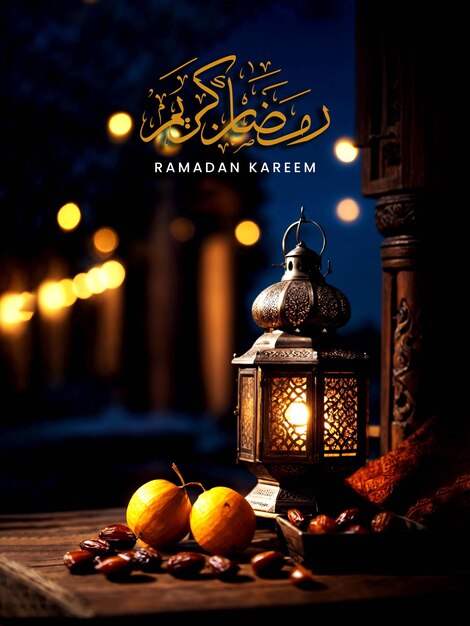 Ramadan kareem poster met arabische lantaarn op een tafel met data