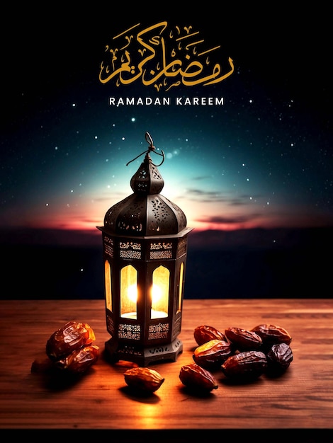 Ramadan kareem poster met arabische lantaarns daten op een tafel met een prachtige nachtelijke hemel