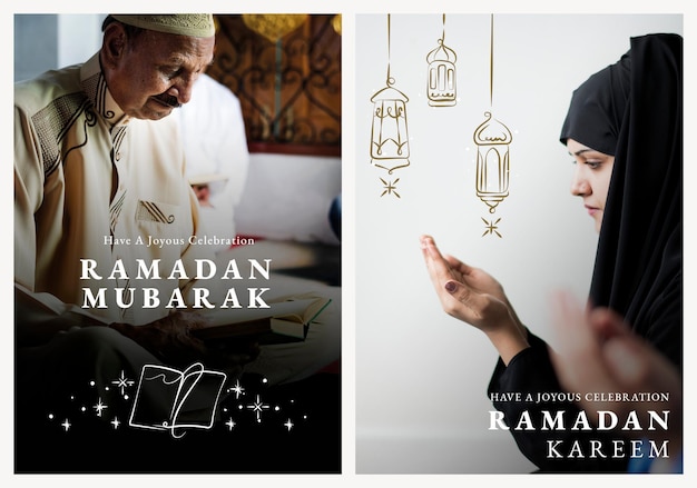 Ramadan kareem poster template psd with greeting set