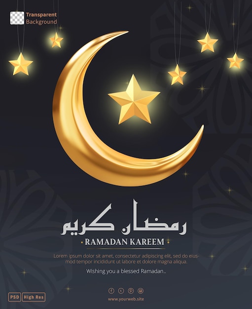 PSD ramadan kareem poster template with 3d rendering golden crescent moon and stars